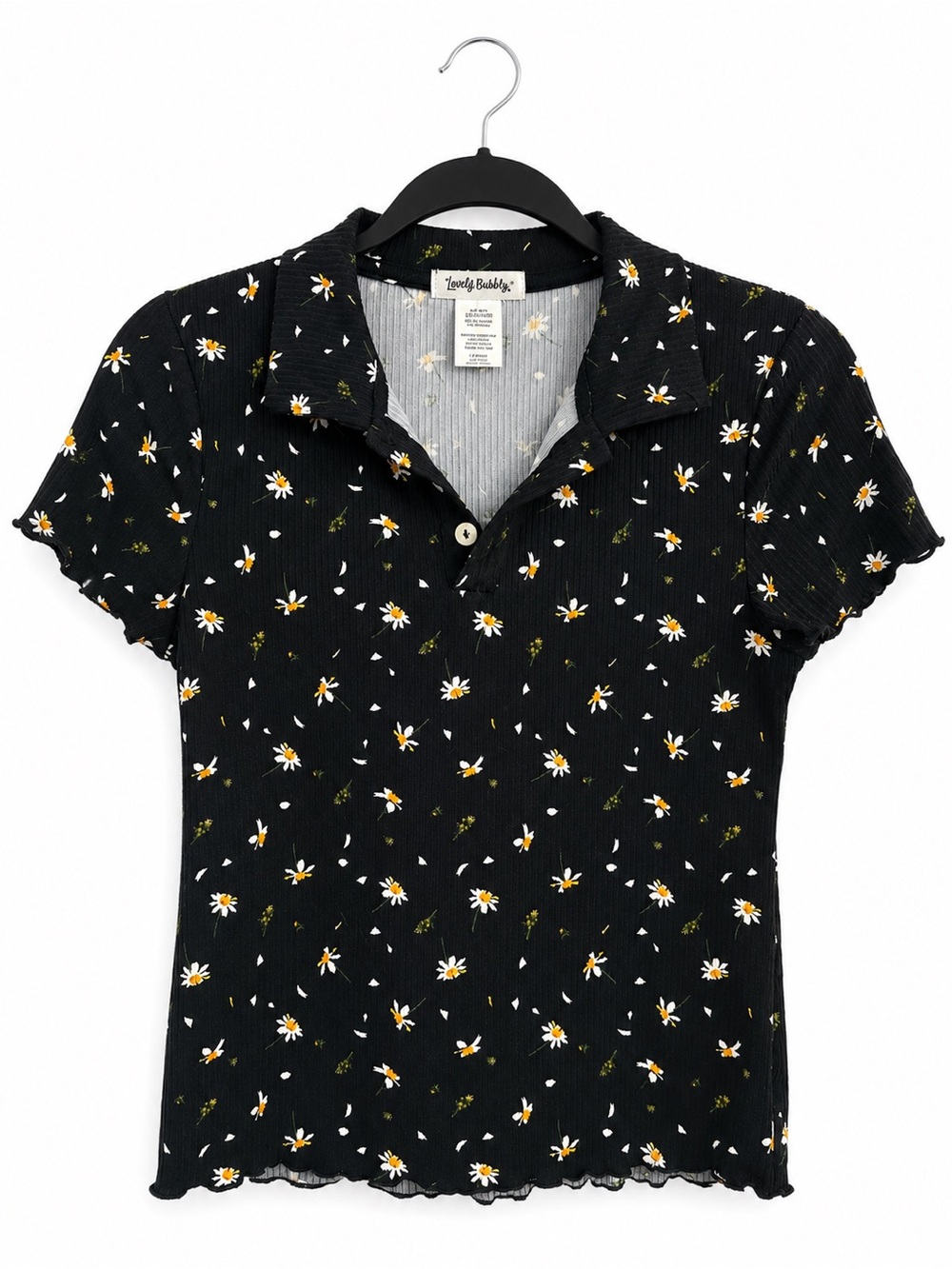 Lovely Bubbly Black Daisy Floral Ribbed Collared Top Lettuce Hem Cottagecore L